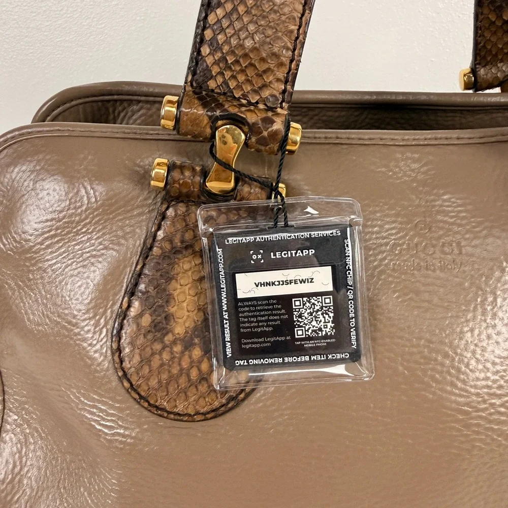 Gucci Satchel Hand Bag Taupe Brown Leather Snakeskin Trim Gold Hardware M Office